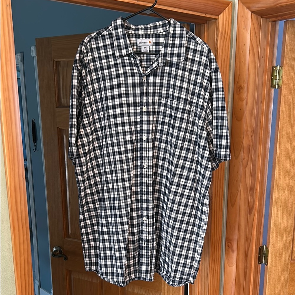 Carhartt Men's Dark Blue White Plaid Shirt Size 2XL XXL 100% Cotton Shortsleeve